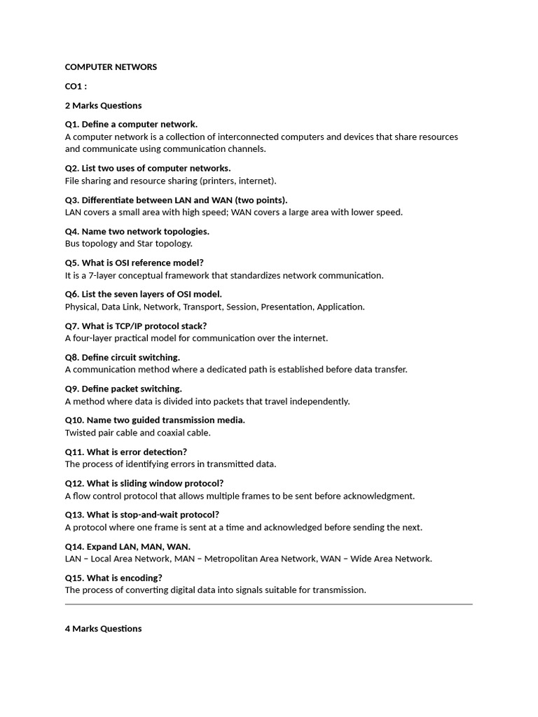 Computer Networs Co1,2 | PDF | Computer Network | Transmission Control ...