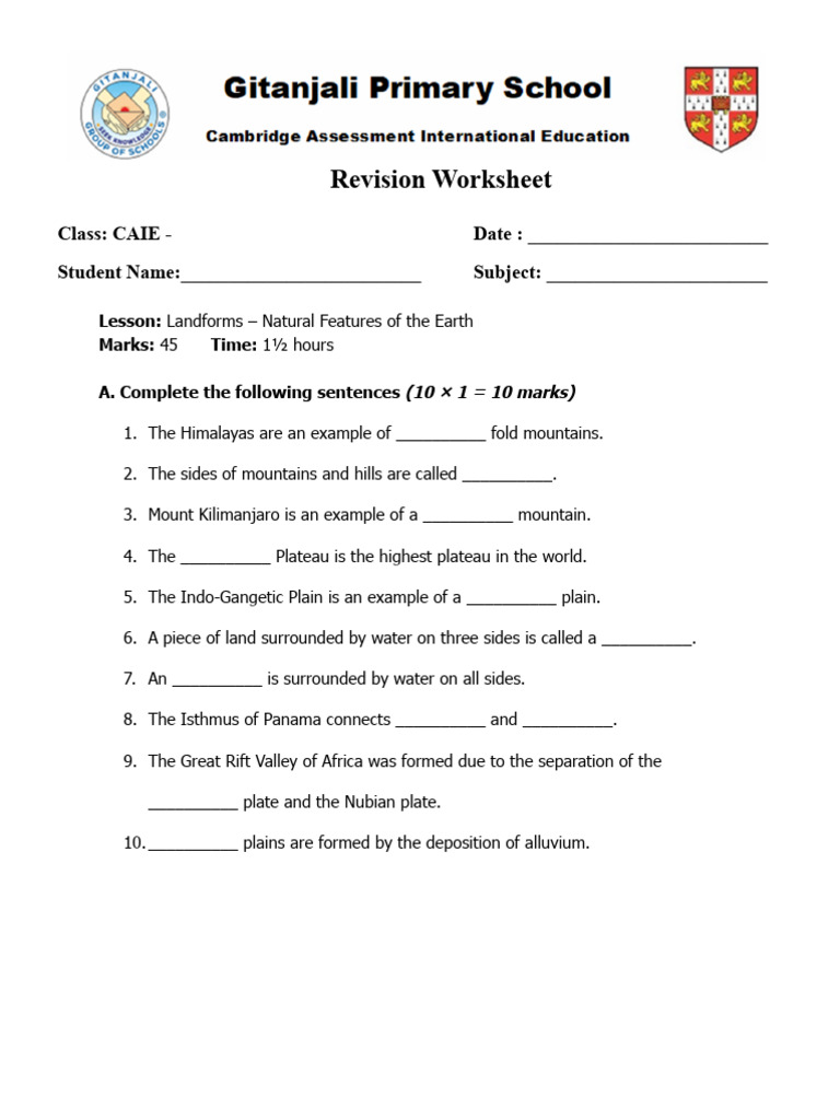 Geo_TErm1 Revision Worksheet -1 Lesson-2 | PDF | Plateau | Mountains