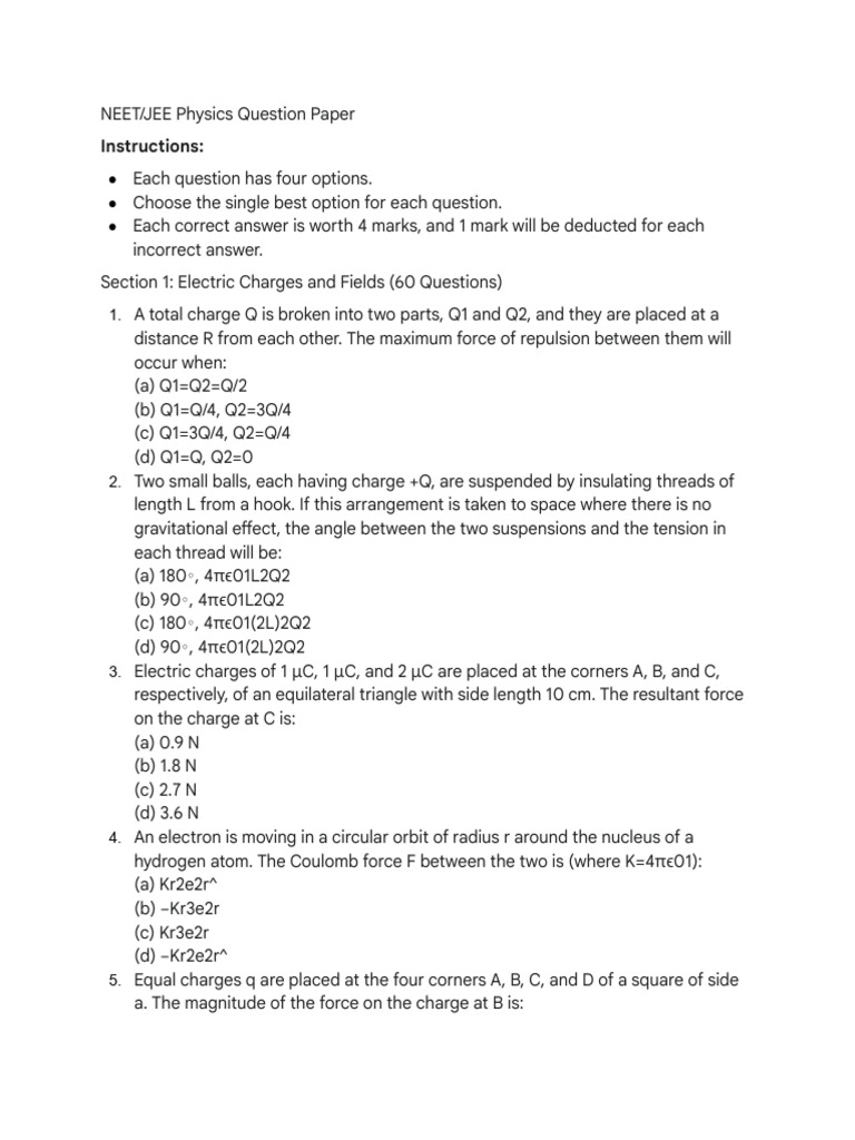 NEET/JEE Physics Question Paper: Electric Charges | PDF | Force ...