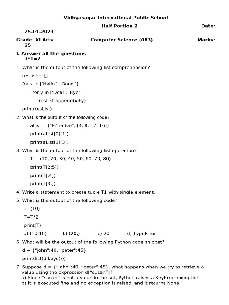 CS Grade XI Arts HP2 Term 2 (25.01.2023) | PDF | Sql | Computing