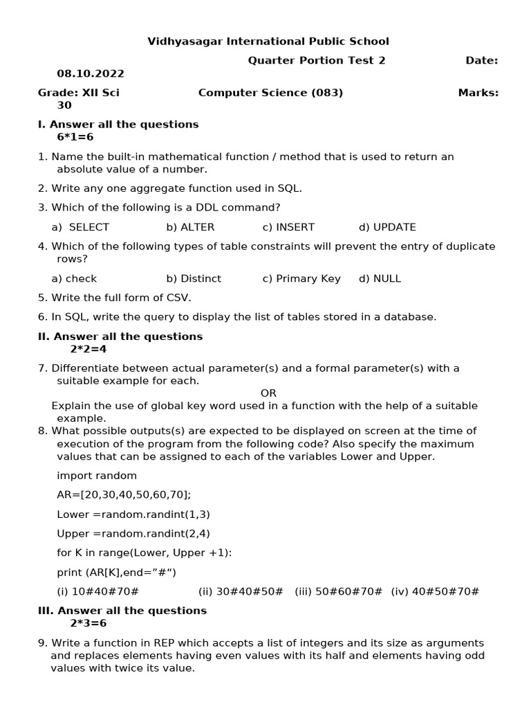 Cs Grade Xii Sci QP 2 (08.10.2022) | PDF | Computer Programming | Data ...