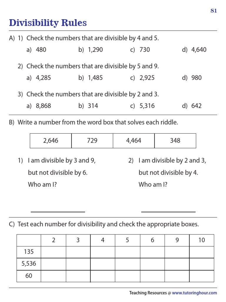 Divisibility Rules Practice Worksheet | PDF