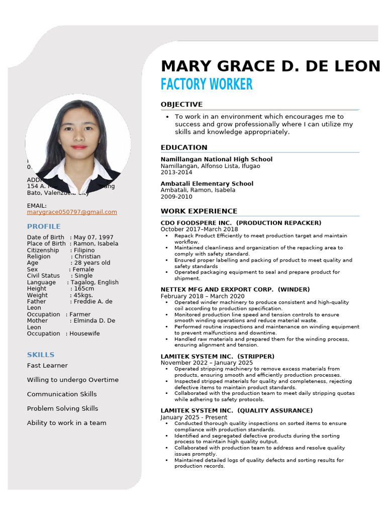 Mary Grace D. De Leon - Factory Worker Resume | PDF