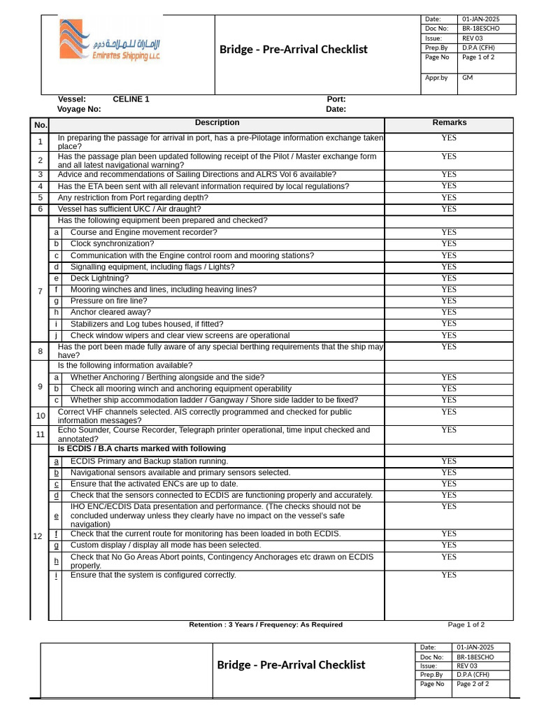 Bridge Pre-Arrival Checklist Guide | PDF | Ships | Water Transport