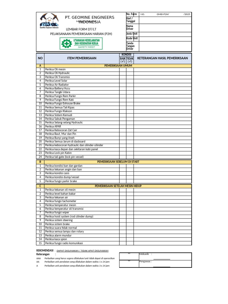 Formulir Pemeriksaan Harian Excavator | PDF
