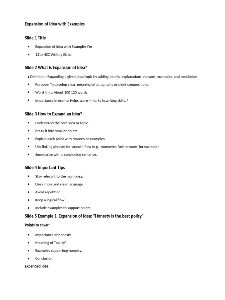 Expansion of Ideas for 12th Class Writing | PDF | Reason | Teachers