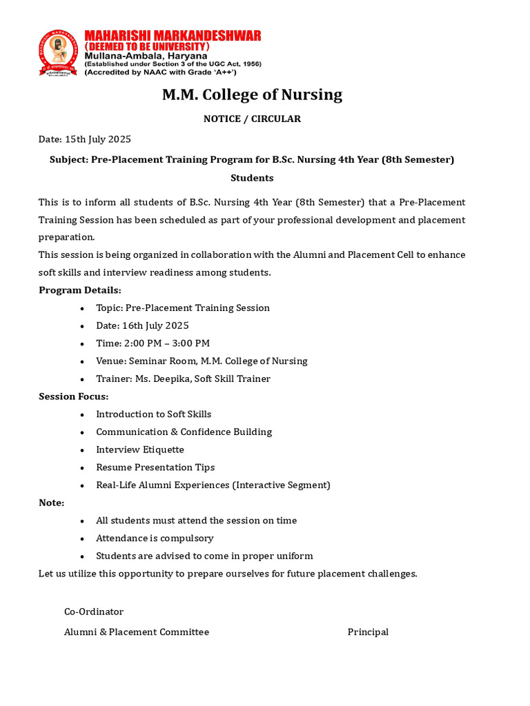 Pre-Placement Training for Nursing Students | PDF