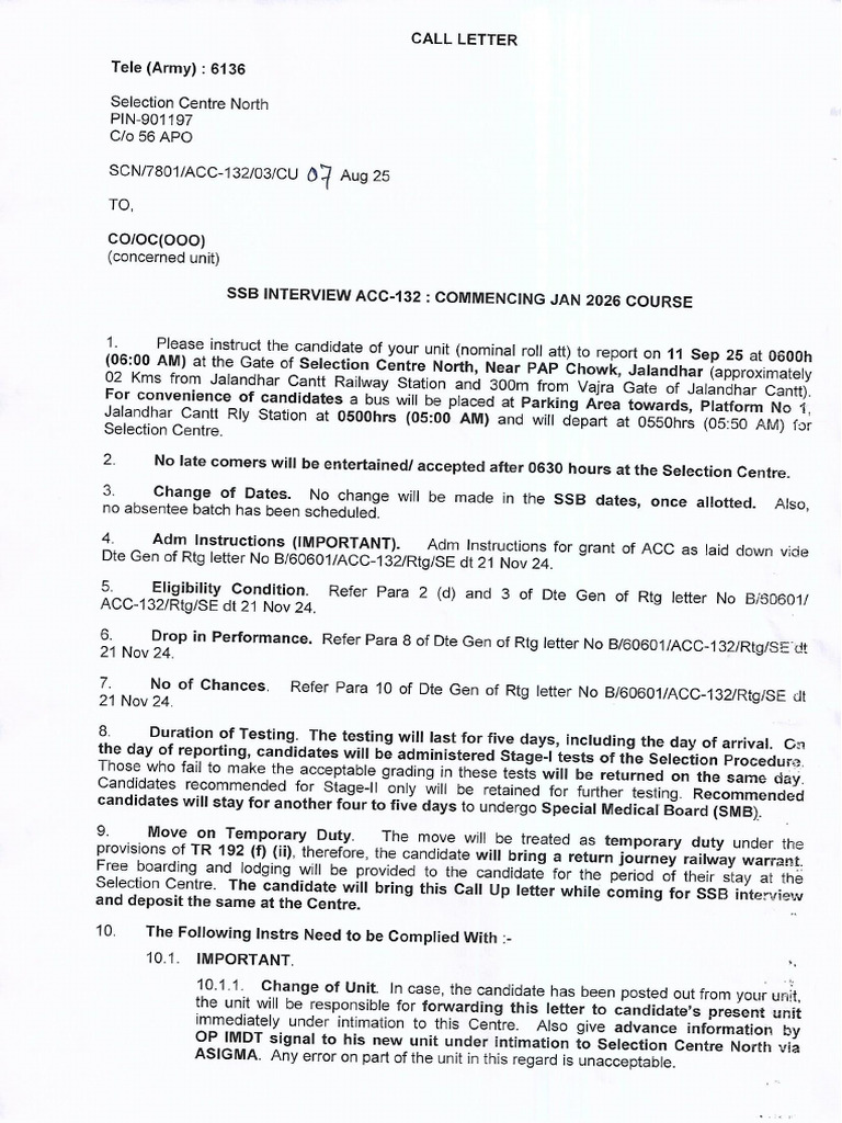 Call Up Letter ACC-132 For 81465 (11 Sep 25) | PDF