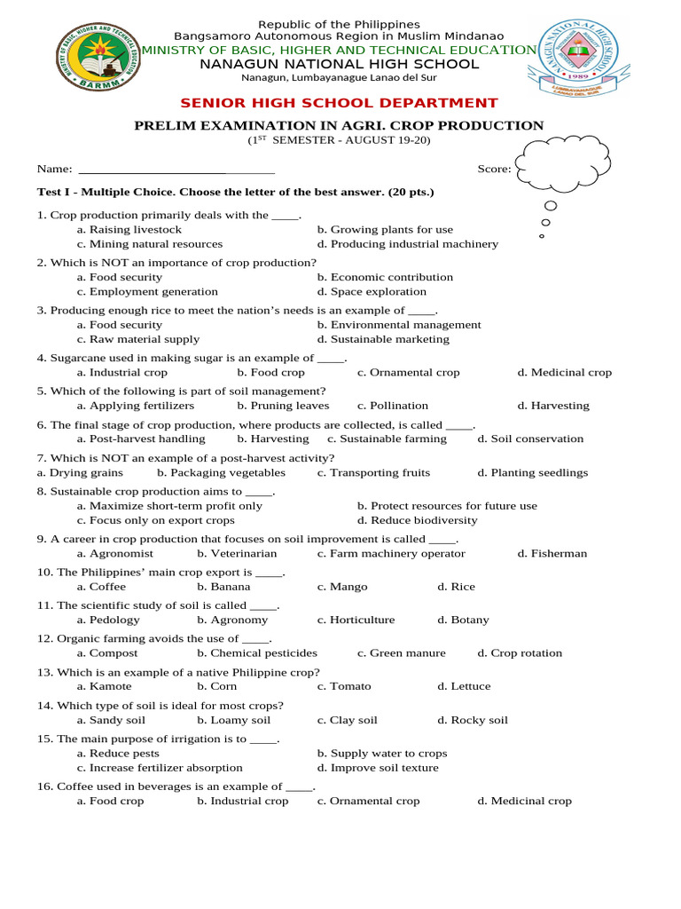 Prelim Exam in Crop Production | PDF | Agriculture | Crops