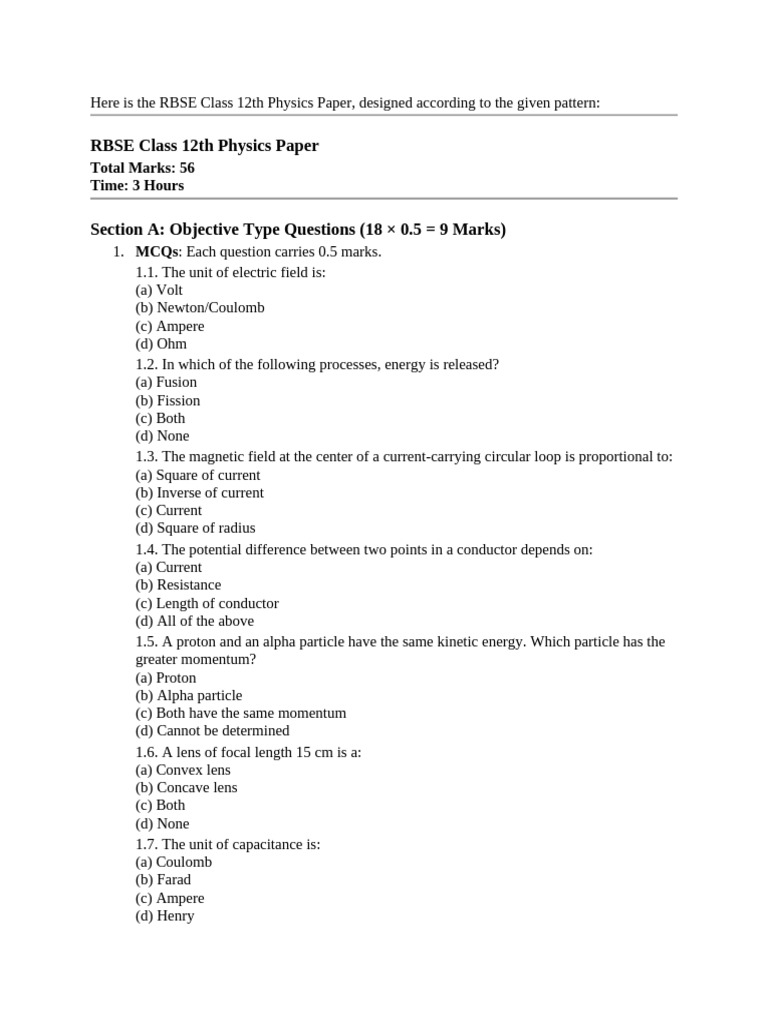 RBSE Class 12 Physics Paper 2021 | PDF | Photon | Electric Current