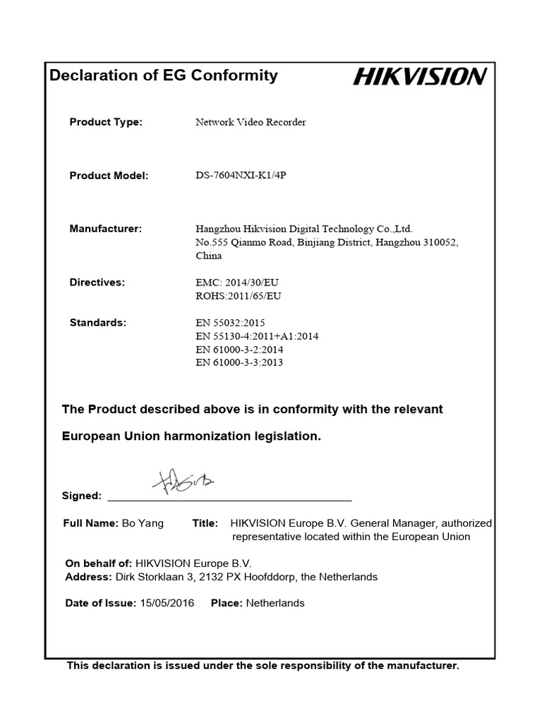 EG Conformity Declaration for NVR DS-7604NXI | PDF