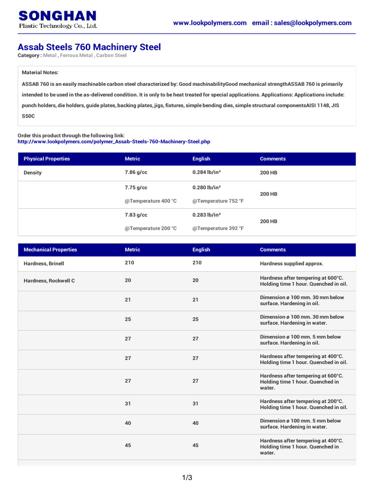Assab 760 Machinery Steel Overview | PDF | Strength Of Materials | Steel