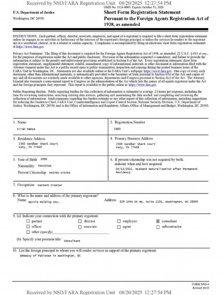 FARA Short Form Registration Statement | PDF | Federal Government Of ...