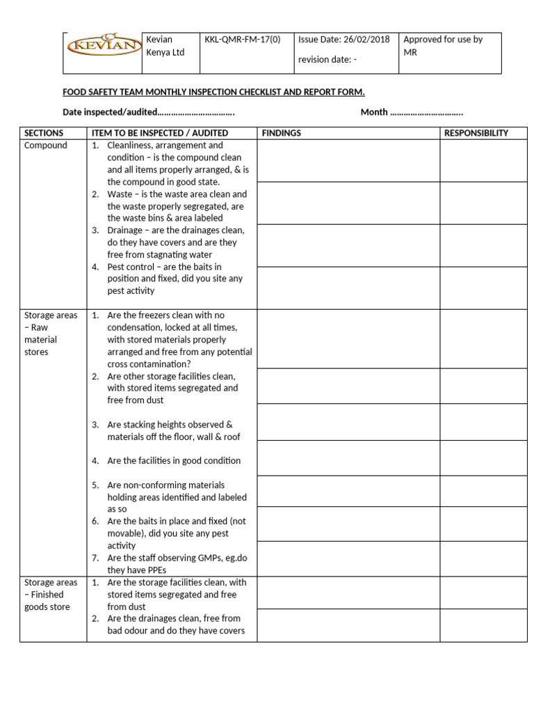 Food Safety Team Monthly Inspections Checklist and Report Form | PDF