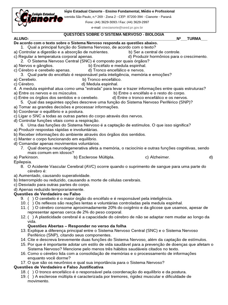 Questões sobre o Sistema Nervoso | PDF | Sistema nervoso | Cérebro