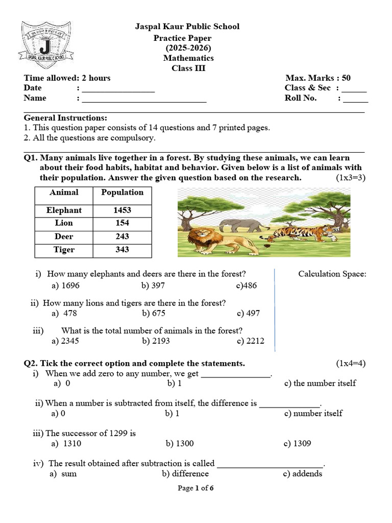 Class III Math Practice Paper 2025-2026 | PDF | Mathematics