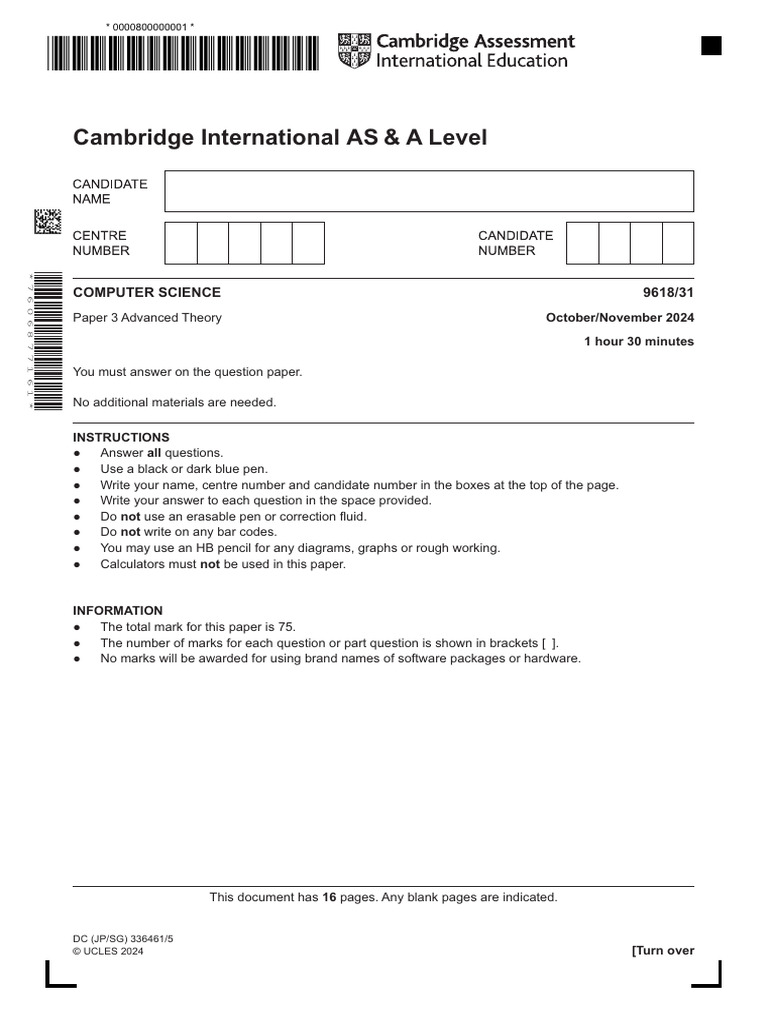 Cambridge International AS & A Level: Computer Science 9618/31 | PDF ...