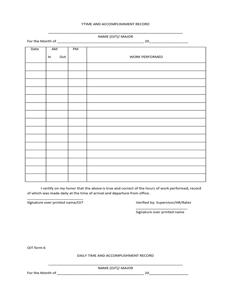 OJT Daily Time Record Template | PDF | Authentication | Signature