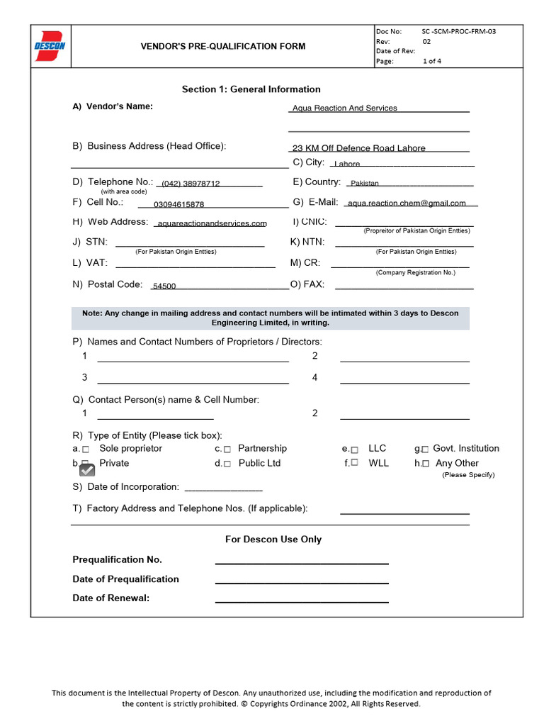 SC SCM PROC FRM 03 Vendor Pre Qualification Form | PDF