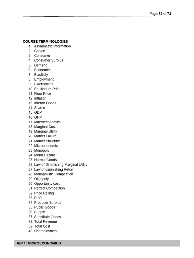 Microeconomics Key Terminologies List | PDF