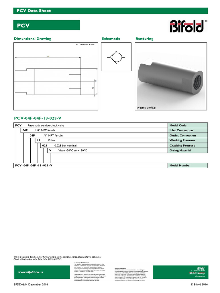 PCV Pneumatic Check Valve Data Sheet | PDF