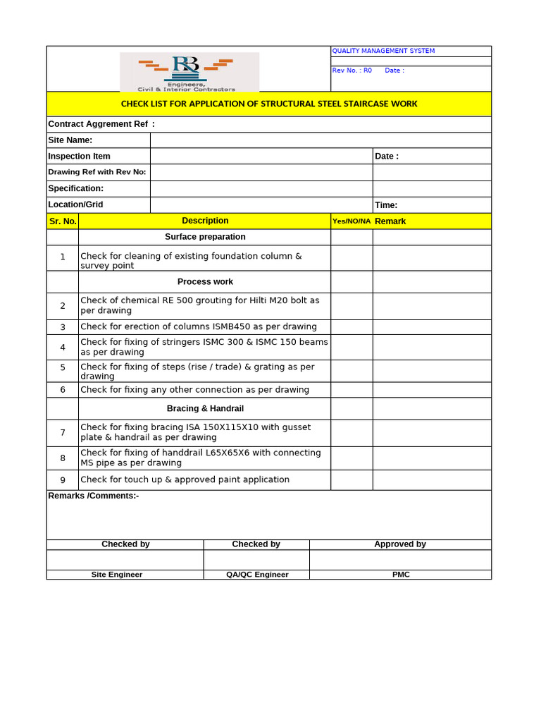 Structural Steel Staircase Inspection Checklist | PDF