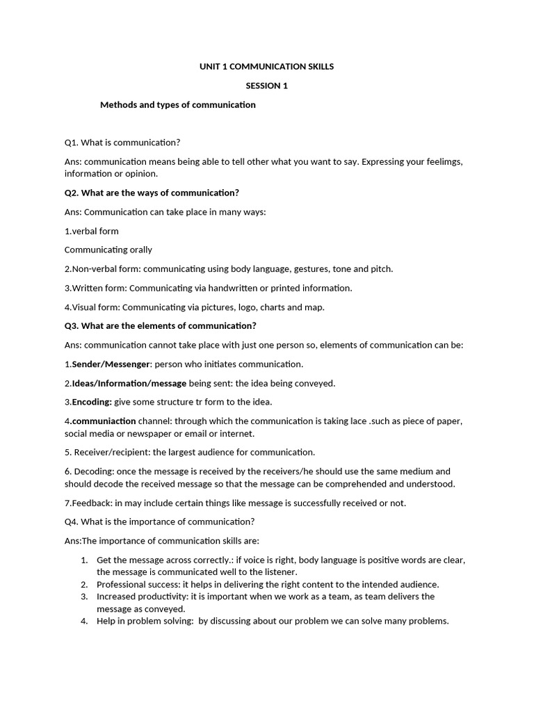 Unit 1 Communication Skills Class X | PDF | Communication | Nonverbal ...