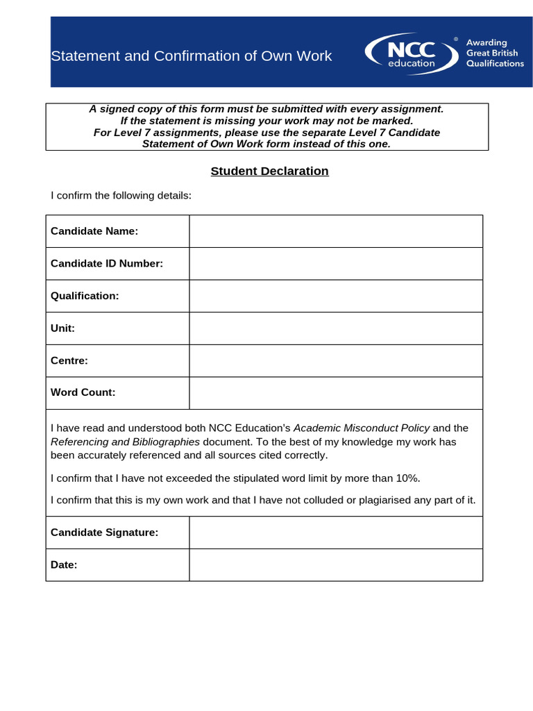 Statement of Own Work Form | PDF