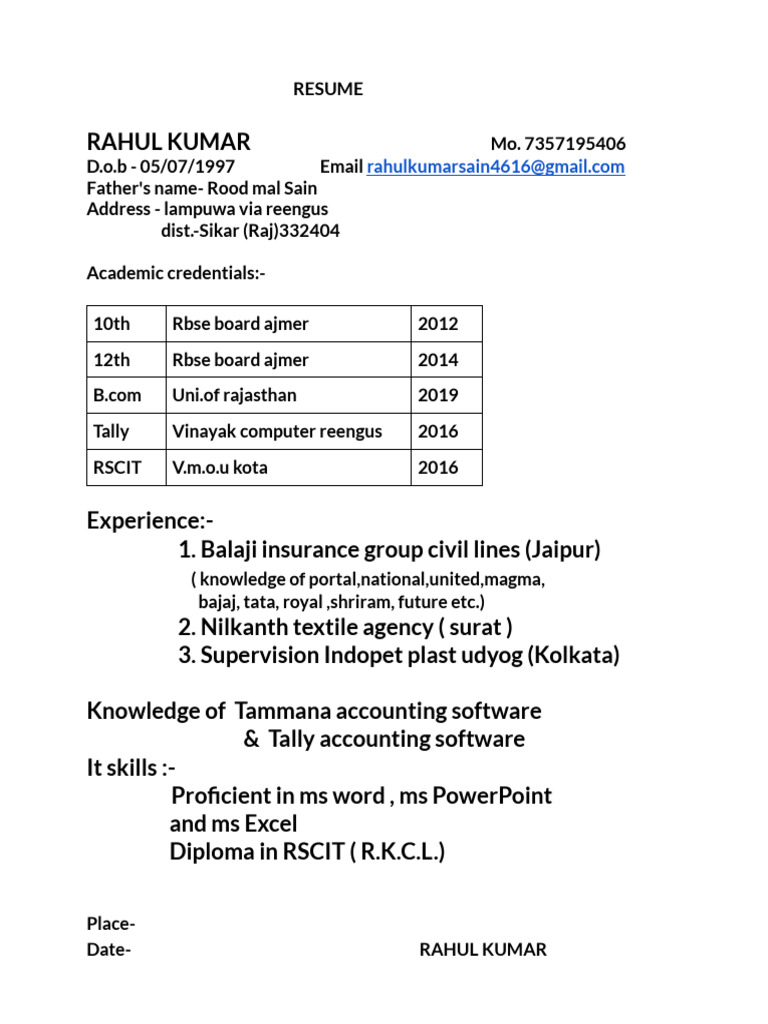 Resume of Rahul Kumar - B.Com Graduate | PDF