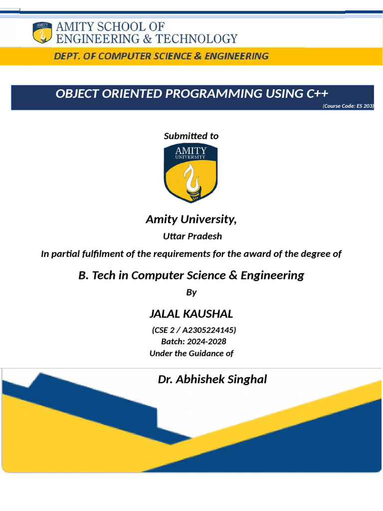 Object Oriented Programming Using C++: Amity University | PDF
