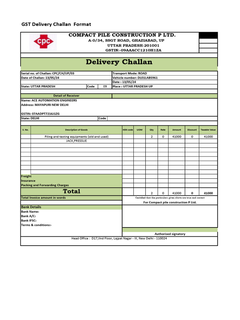 GST Delivery Challan Format Template | PDF
