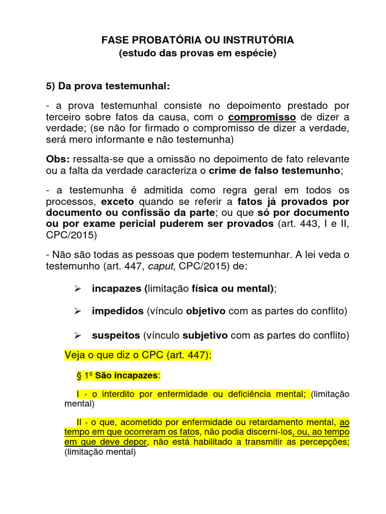 Aula 11 - Processo I - 1-2025 Fase Probatória - Prova Testemunhal | PDF ...