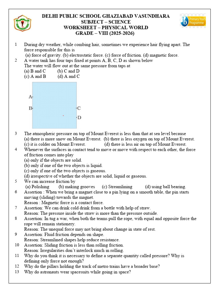 Grade 8 UI-3 (Physical World Worksheet) MSK | PDF | Force | Pressure