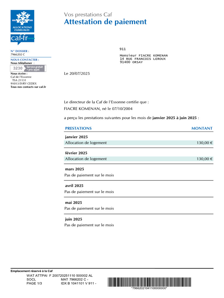 Attestation de paiement Caf 2025 | PDF | Vie privée et informatique