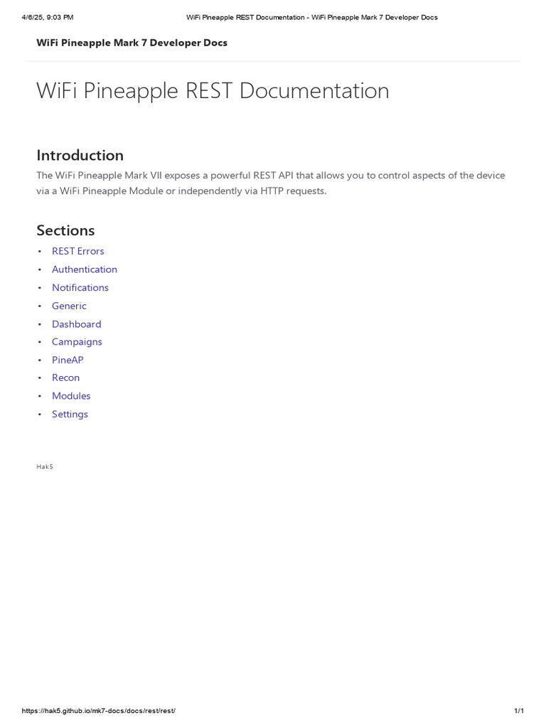 WiFi Pineapple REST Documentation - WiFi Pineapple Mark 7 Developer ...