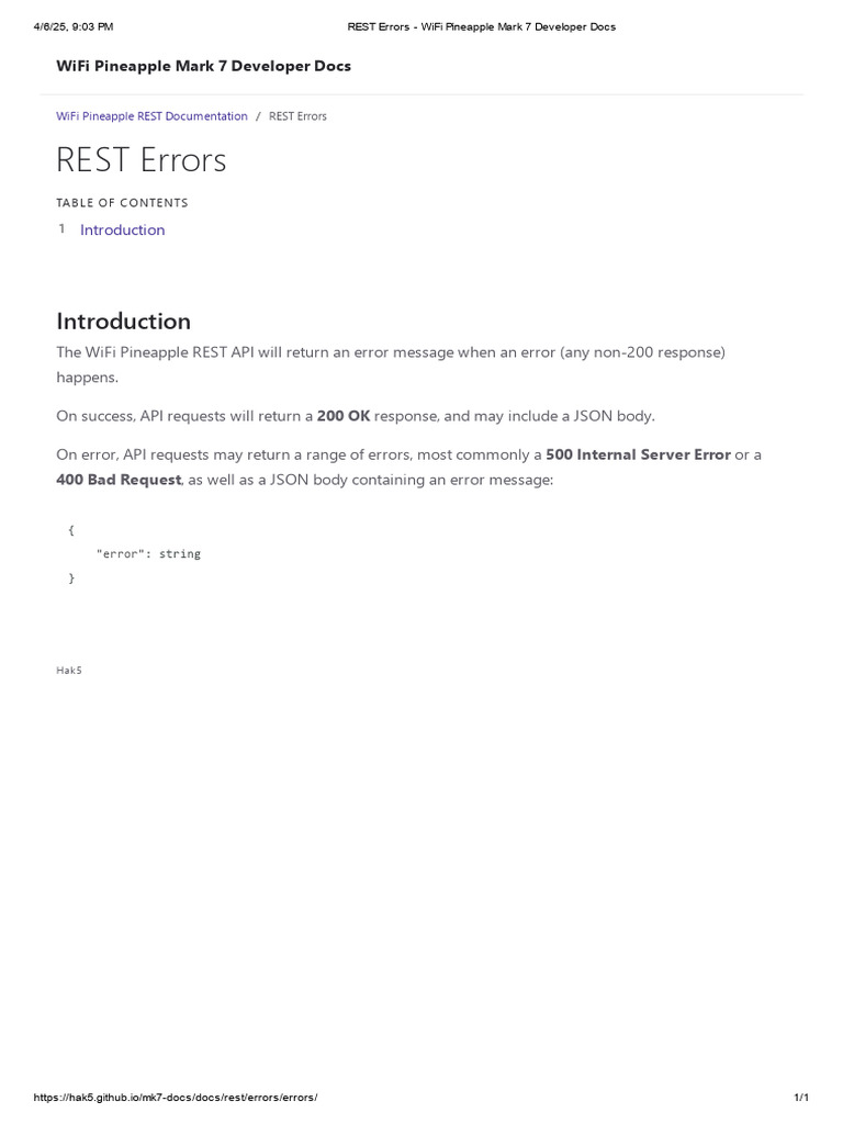 REST Errors - WiFi Pineapple Mark 7 Developer Docs | PDF