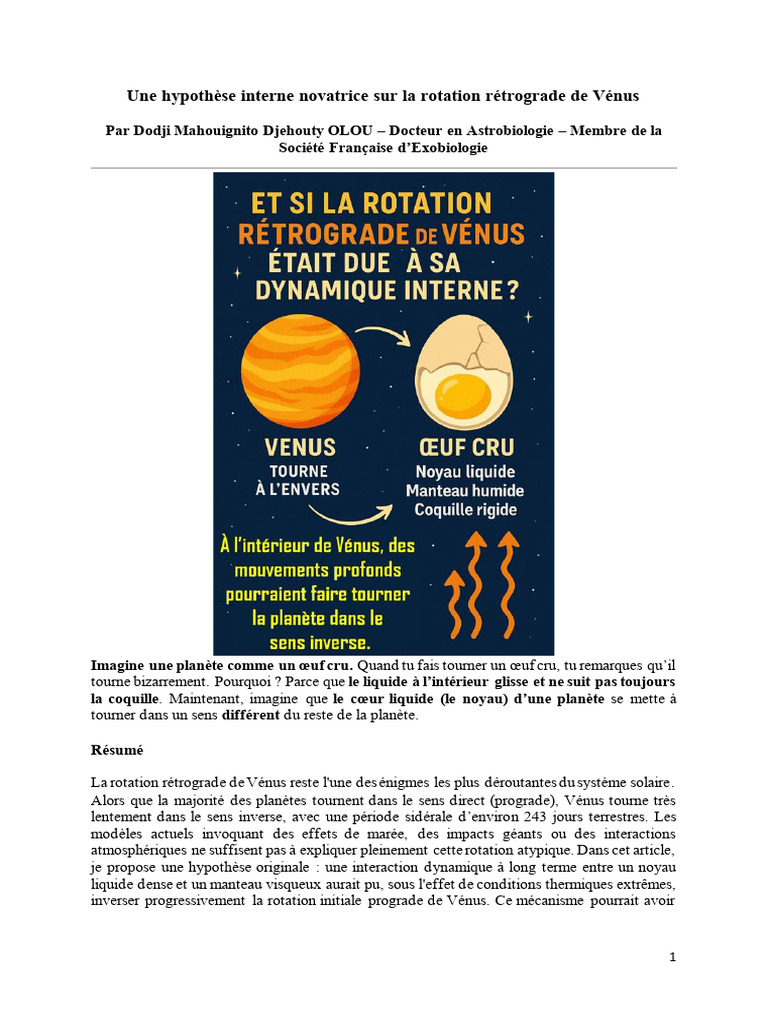 Hypothèse sur la rotation de Vénus | PDF | Vénus | Noyau planétaire