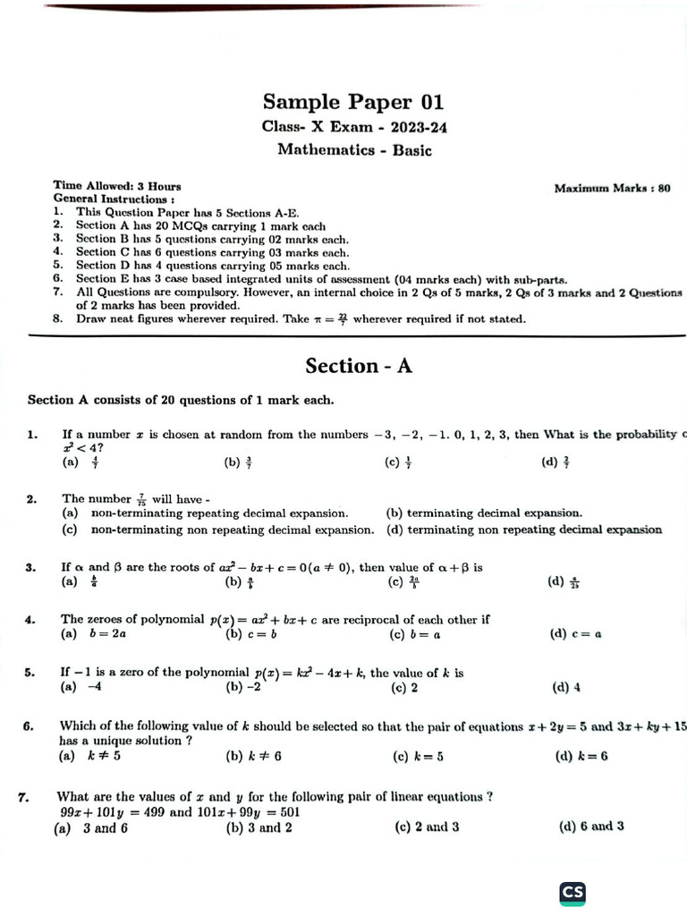 Sample Paper Basic-1 | PDF
