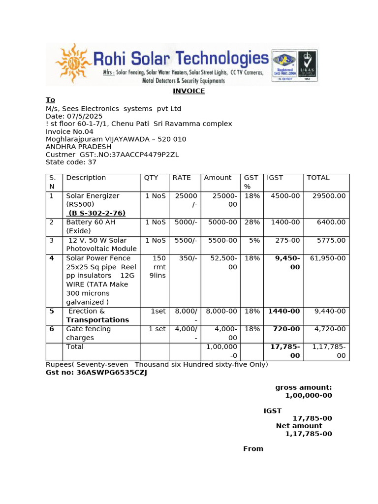Solar Power Fencing Invoice Summary | PDF | Electricity | Solar Power