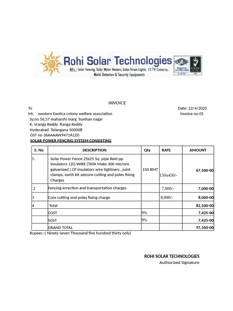 Solar Power Fencing Invoice 2025 | PDF