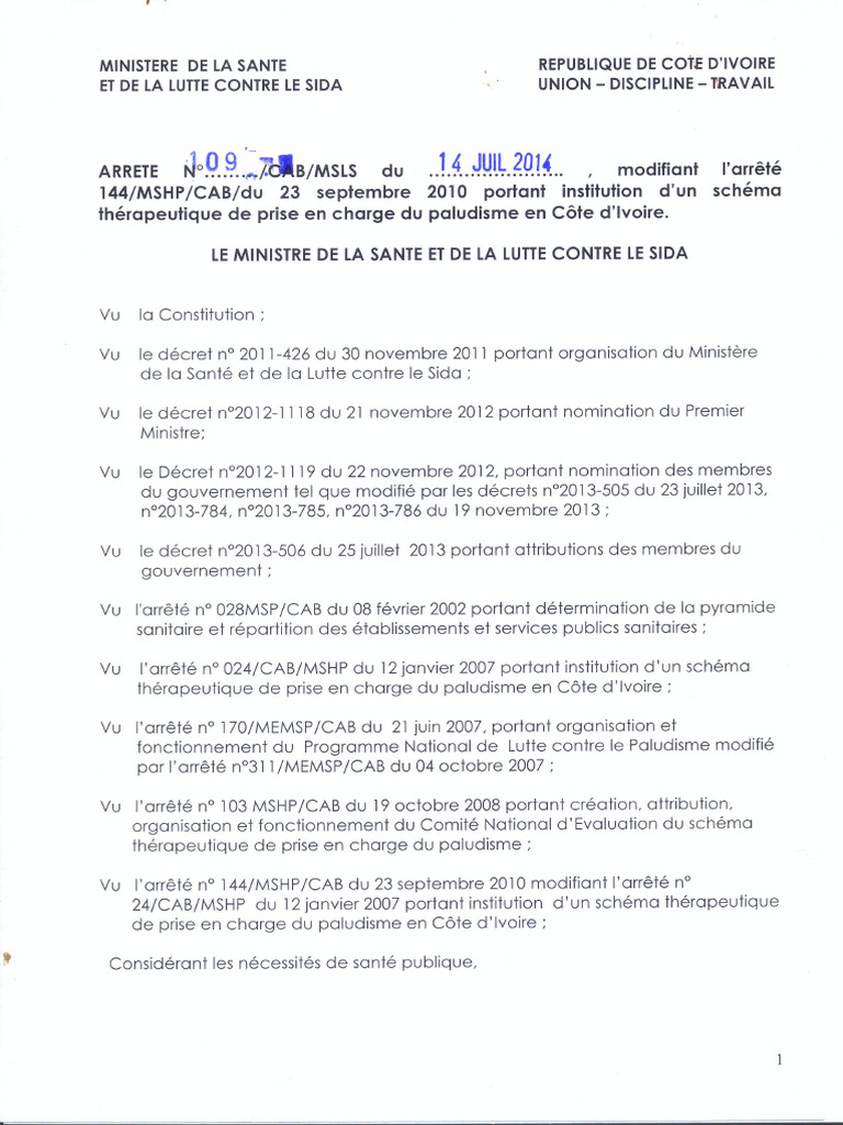 Arrete Directives Paludisme0001 | PDF