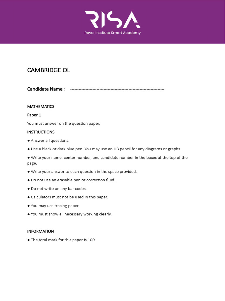 Cambridge OL Mathematics Paper 1 | PDF | Arithmetic | Mathematics