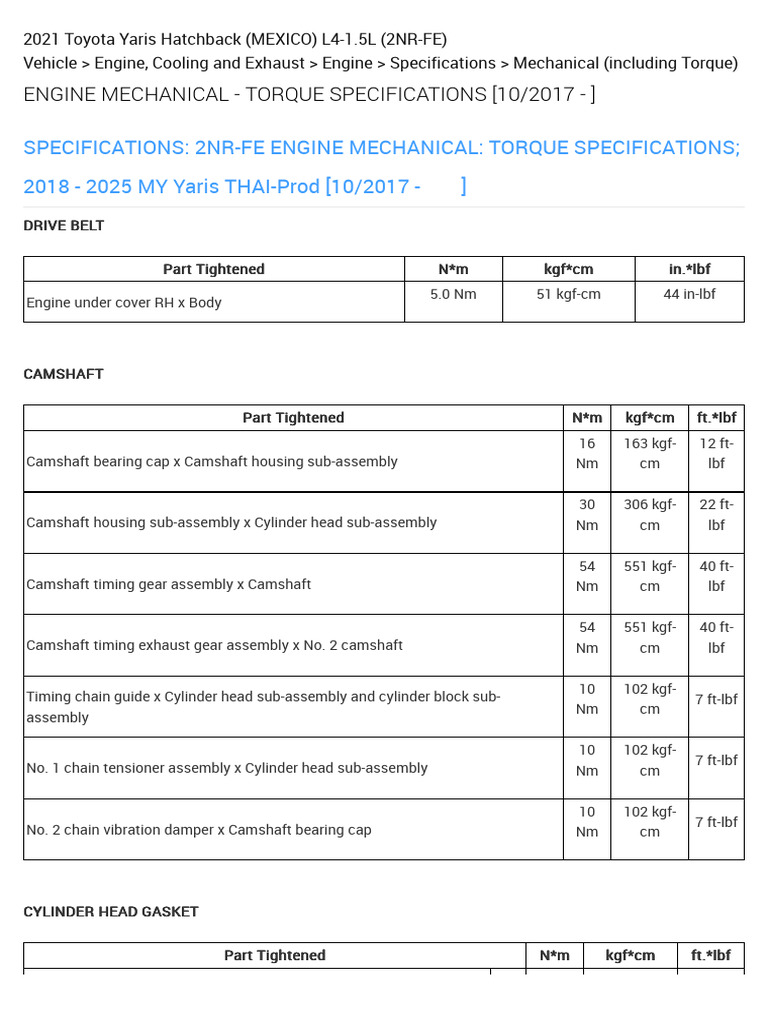 2021 Toyota Yaris 2NR-FE Torque Specs | PDF | Engines | Vehicle Parts