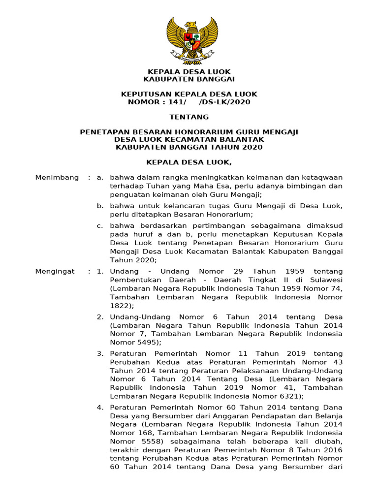 Honorarium Guru Mengaji Desa Luok 2020 | PDF
