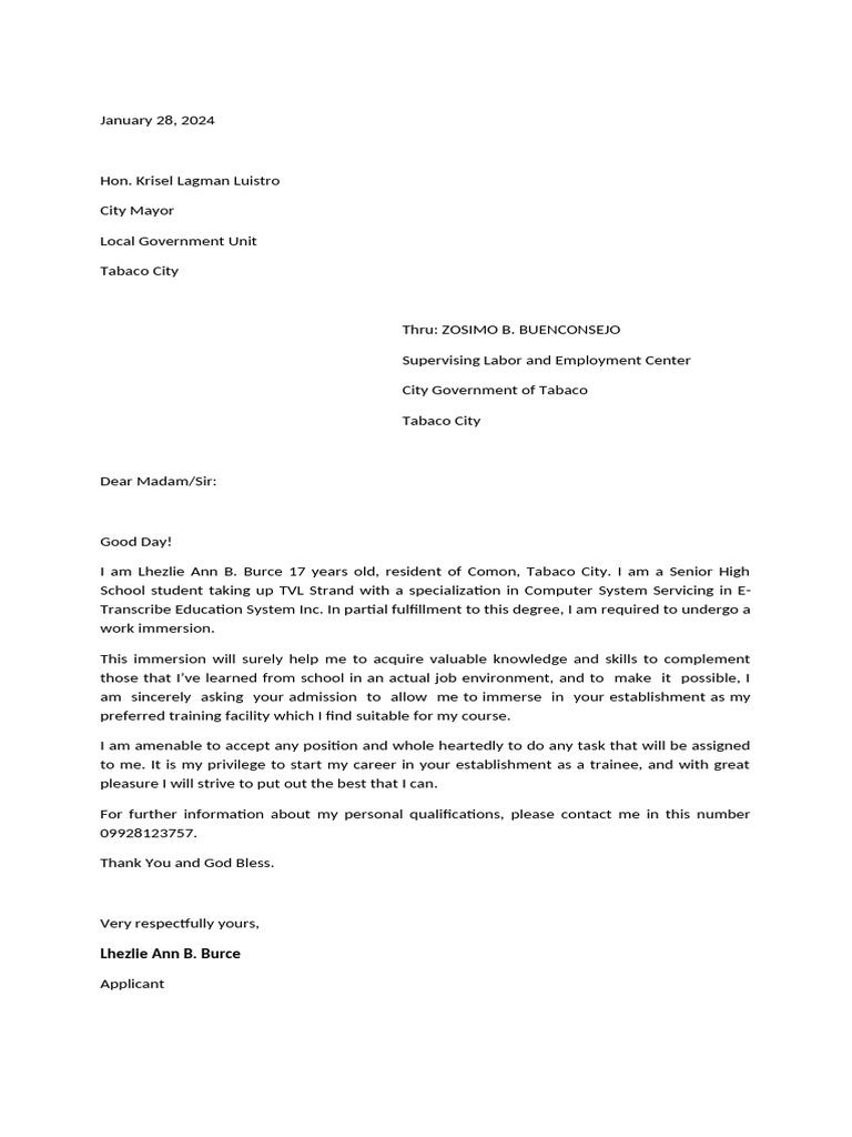Work Immersion Request Letter | PDF