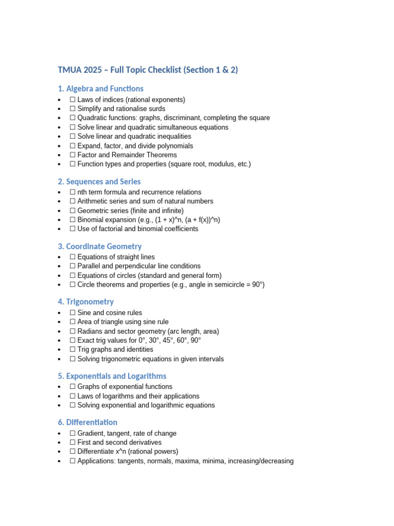 TMUA 2025 Topic Checklist | PDF | Trigonometric Functions | Equations