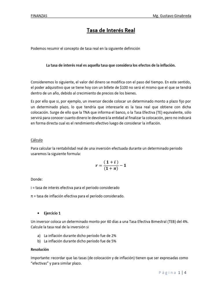 Tasa de Interés Real y Cálculos Financieros | PDF | Interés | Tasa de ...