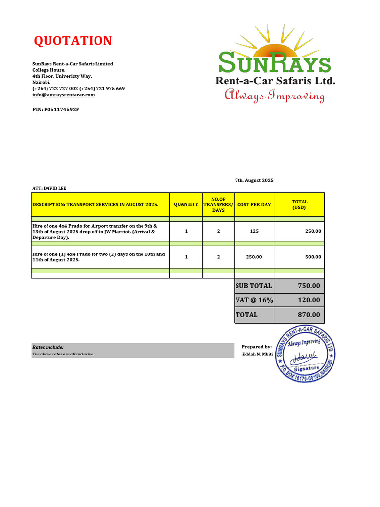 August 2025 Car Rental Quotation | PDF