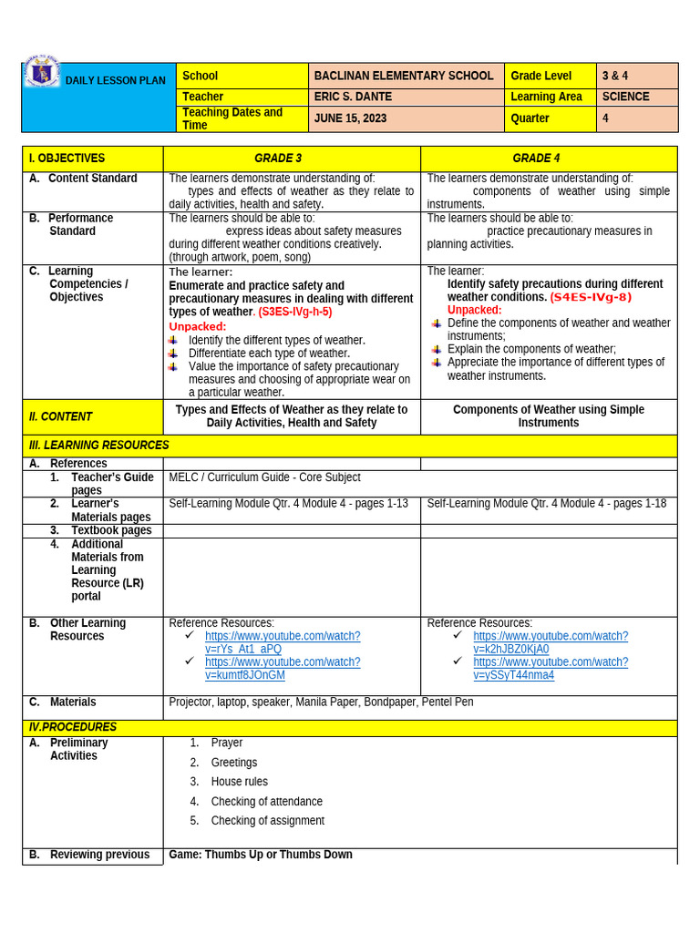 Grade 3-4 Science Weather Lesson Plan | PDF | Water | Earth Sciences