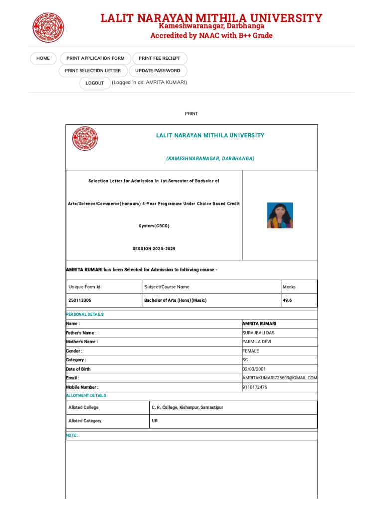 LNMU 2025 Admission Selection Letter | PDF | Educational Stages ...